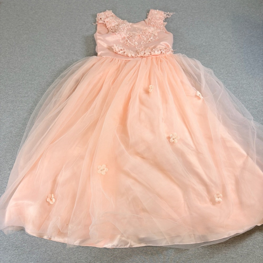 Tulle Lace Formal Dress Kids Size 140 Peach Floral Applique Gown Costume Dance